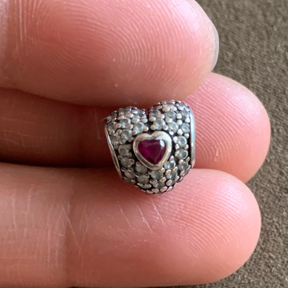 Retired Pandora In My Heart Clear Cubic Zirconia & Synthetic Ruby Charm 925 EUC